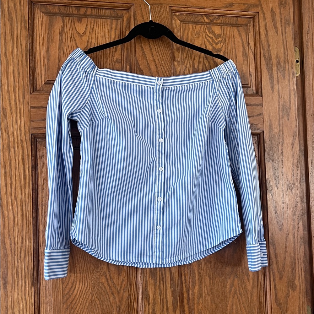 Express Off-Shoulder Blue Striped Button-Down Shirt Small Petit